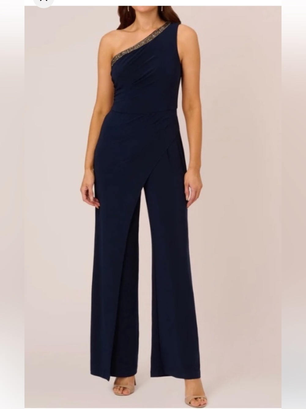 Adrianna Papell Navy One-Shoulder Wide-Leg Jumpsuit with Beaded Trim